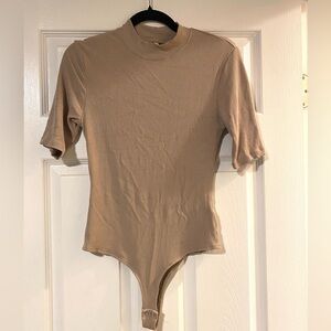 Tan Elbow Sleeve Thong Bodysuit